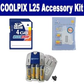 Nikon Coolpix L25 Digital Camera Accessory Kit includes: SB251 Charger, ZELCKSG Care & Cleaning, KSD4GB Memory Card