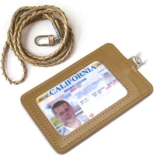 PU Leather ID Badges Holder Slim Credit Card Neck Strap Wallet SS001 (Beige)
