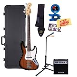 Fender Starcaster J Electric Bass Guitar Bundle with Hardshell Case, 10-Watt Amp, Stand, Tuner, Strap, Picks, and Polishing Cloth - 3-Tone Sunburst