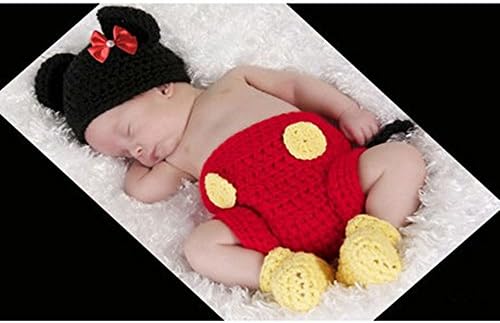 Photo Prop Baby Crochet Outfit Hat Diaper Cover Yellow Shoes Mouse Design 0-2 Months