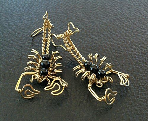 Gold scorpion earrings, 14k Gold Filled dangle scorpio, handcrafted earrings with black Onyx. jewlry art gothic statment earrings.