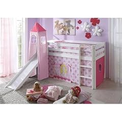 Hochbett Kinder Spielbett Vorhang Prinzessin mit Turm und Rutsche - Kiefer Massiv - Weiss - NC-19