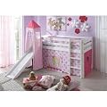 Hochbett Kinder Spielbett Vorhang Prinzessin mit Turm und Rutsche - Kiefer Massiv - Weiss - NC-19
