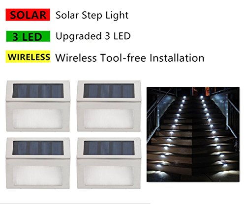 [Pack of 4] HowFine Outdoor Stainless Steel LED Solar Step Light Wireless Super Bright Modern White Lamp for Deck, Staircase, Walkway, Patio, Garden, Yard, Patio