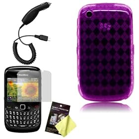 BlackBerry Curve 8520 / 8530 Purple Diamond Gel Case / Skin / Cover, LCD Screen Guard Protector & Car Charger Combo