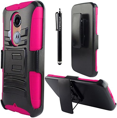 Townshop[TM] For Motorola Moto X 2nd Generation ( Phone 2014 Release ) Extreme Rugged Pink/Black Heavy Duty Impact Armor Hybrid Kickstand Phone Cover with Belt Clip Holster Case + Townshop[TM] Stylus Pen
