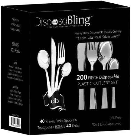 DisposaBling Plastic Silver Cutlery Set - 200 Piece Party Flatware Kit Includes Knives, Forks, Spoons & Teaspoons - Plus an Extra Set of BONUS FORKS - Heavy Duty - Perfect for Weddings, Parties, Functions and during the Festive Season - Looks like Real Silverware!