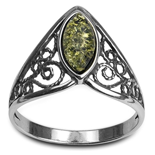 Sterling Silver Green Amber Classic Marquise Ring
