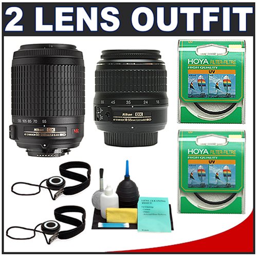 Nikon 18-55mm f/3.5-5.6G II AF-S DX Zoom Lens + Nikon AF-S 55-200mm f/4-5.6G DX VR + (2) Hoya UV Haze Filters + Accessory Kit - for Nikon D40, D40x, D50, D60, D70, D70s, D80, D200 & D300 Digital SLR Cameras (Lenses Refurbished by Nikon USA)