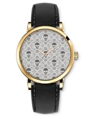 SPRAWL Aanalog Fashion Series Gold Ladies Watches of Genuine Black Leather Strap,Unique Wrist Watch for Women Girls Designed with Antique flowers and skulls