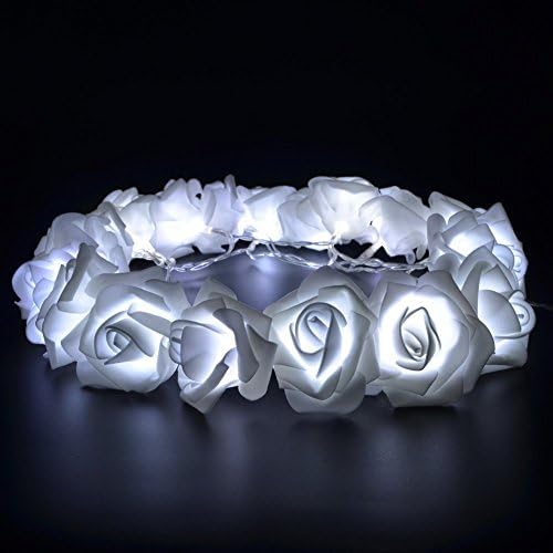 Ruicai Rose Flower Fairy Lights with 20 LED Warm White Color AA Batteries Powered String Light for Wedding Party Holiday Festival (White)