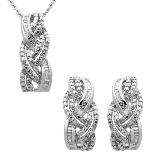 Sterling Silver Diamond Twist Dangle Earrings and Pendant Necklace Box Set (1/10 cttw)