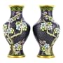 Vintage Pre-Owned Pair of Cobalt Blue Cloisonne Vases with Flowers and Brown Birds; 6 inches tall and 3-3/8 inches wide