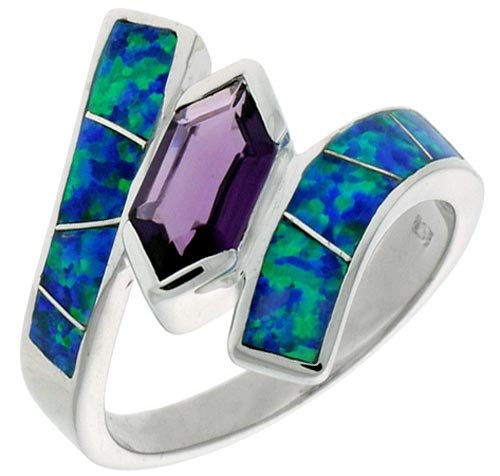 Sterling Silver, Synthetic Opal Inlay Ring, w/ Hexagon-shaped Amethyst CZ, 3/4\
