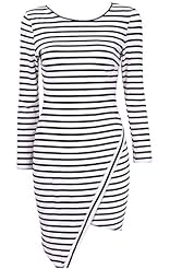 Long Sleeves Cotton/Polyester Striped Print Round Neck Asymmetric Prom Dress 