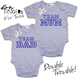 Dirty Fingers  For Twins - TEAM MUM & TEAM DAD  2 x Baby & Toddler Short Sleeve Bodysuits / Baby Grows, 6-12 months, Blue & Blue