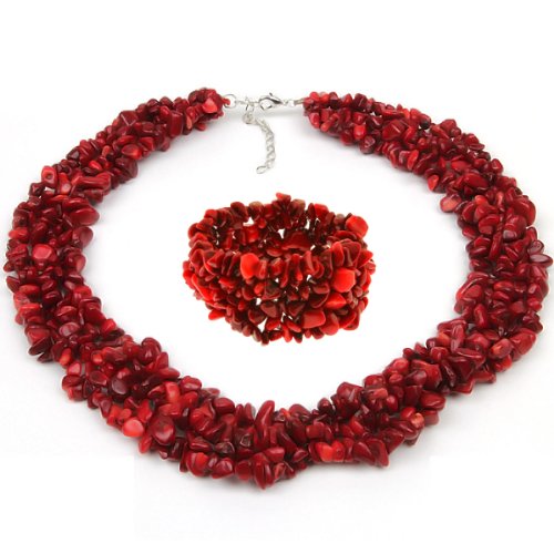 18" Multi Strands Red Coral Chips Cluster Necklace and Bracelet Set