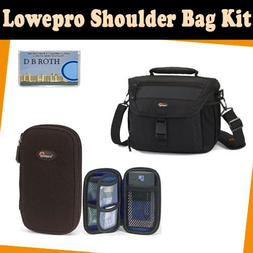 LowePro Shoulder bag kit which includes the Lowepro Nova 180 AW Camera Bag (Black) + DMC-Z wallet for memory card(s), batteries, Mini DV tapes and more + DB ROTH Micro Fiber Cloth.