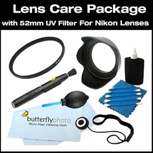 Vivitar 52mm UV Filter and Lens Hood + Care Package For Nikon 50mm F1.4D, 50mm F1.8D and other lenses with 52mm filter size