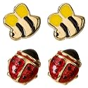 Kids? Gold Over Silver Enamel Ladybug and Bee ? Earring Set - Gold
