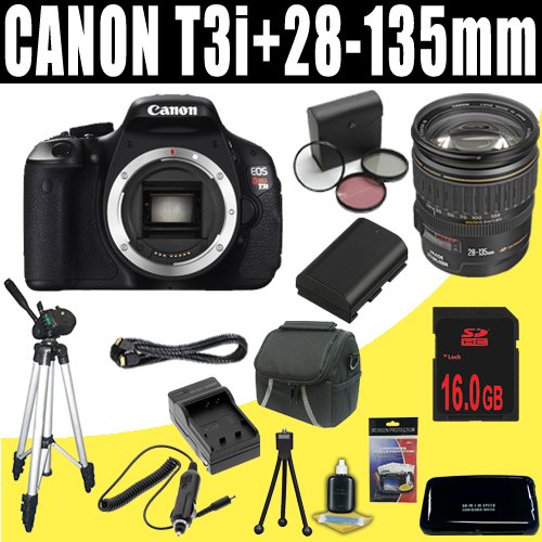 Canon EOS Rebel T3i 18 MP CMOS Digital SLR Camera Body & Canon EF 28-135mm f/3.5-5.6 IS USM Standard Zoom Lens + 16GB SDHC Deluxe Accessory Kit