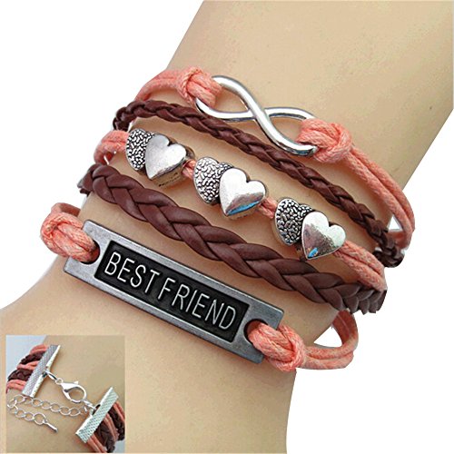 JQUEEN Best Friend Double Heart Silver Plated Infinity Charms Leather Bracelet