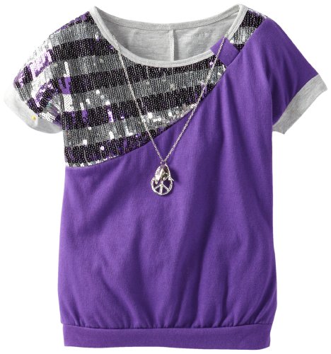 One Step Up Girls 7-16 Color Blocked Squin Top, Purple Art, 7-8 Years
