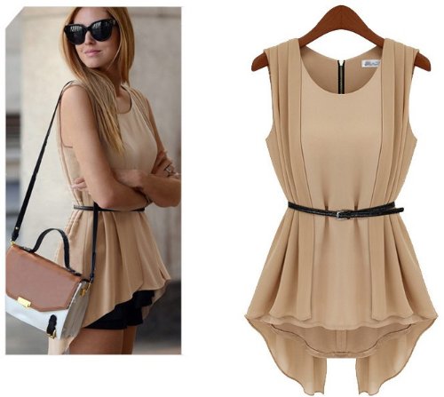 Aokin Women's Chiffon Slim Sleeveless Shirt Tops Blouse Belt Included