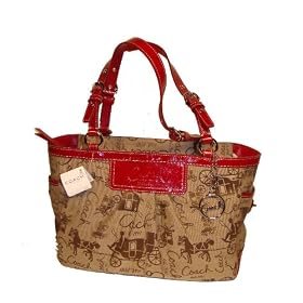 Coach Horse Carriage Signature Pleated Gallery Tote Handbag 14443 Khaki Red