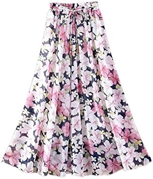 Kaxuyiiy Women's Boho Flower Print 2 Layer Beach Party Maxi Long Pleated Skirt