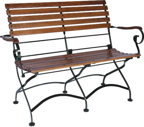 Furniture DesignHouse French Café Bistro 2-Seat Folding Bench with Arms, Jet Black Frame, African Teak Wood Slats