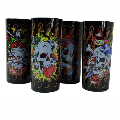 Ed Hardy Skulls Black Glass Highball Glasses, Set of 4