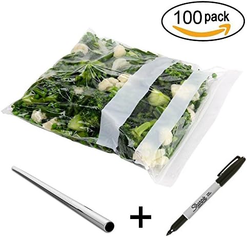 Gallon Freezer Bags with Label (100 Ct) + FREE Marker + FREE DIY Vaccum Straw - Freeze Food Air Tight, Seal Tight, Ideal for Large Dump Meals, Meat, Bread, Kids Babyfood, Chicken, Turkeys, Smoothies