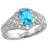 Sterling Silver Vintage Style Engagement Ring w/ 7x5mm Emerald Cut Blue Topaz Color & Brilliant Cut CZ Stones, 7/16 in. (11mm) wide, size 7