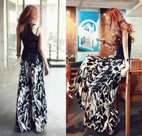 Lamystere Wide Leg Long Trousers Women's Vintage Printing Casual Pants Palazzo Cotton Trousers (L)