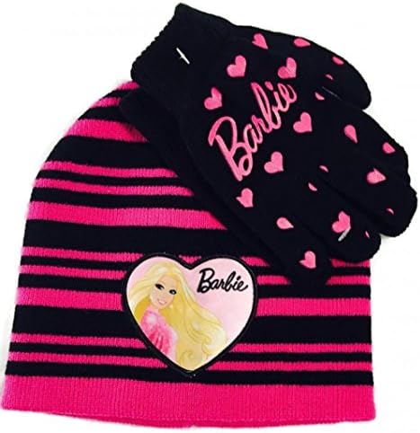 Cute Youth Barbie Hat and Glove Set with [ Heartsdesigns on Gloves] (Black with Pink Stripes (Pink Hearts On Gloves))