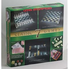 Spieleset mit 7 Spielen: Schach, Dame, Backgammon, Kartenspiel, W�rfelspiel, Domino, Cribbage - Schachspiel Spiel Gesellschaftsspiel Unterhaltungsspiel aus Glas gl�serne Spiele Damespiel Karten W�rfel Dominospiel Backgammonspiel