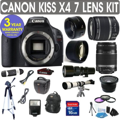 Canon Rebel KISS X4 + Canon 18-55mm Lens + Canon 55-250mm Lens + Canon 50mm Lens +500mm Preset Lens + 650-1300mm Lens + .40x Fisheye Lens + 2x Telephoto Lens + 3 Year Celltime Warranty Repair Contract