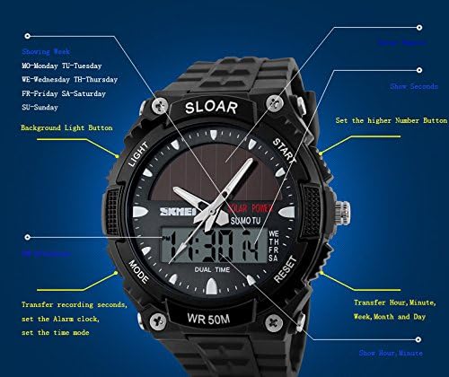 Vich Solar Energy Men Sports LED Watch Digital Wristwatches-Black Dial