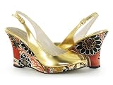 Madden Girl Addey Gold Foil Peep Toe Slingback with Gorgeous Floral Wedge