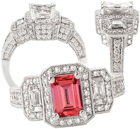 18k Elite Collection Chatham 7x5mm emerald cut padparadscha orange sapphire engagement ring with diamond halo