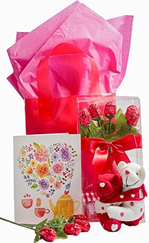 I Love You Candy Bouquet - 1 Dozen Red Foiled Belgian Chocolate Roses with Vase 12ct, Valentine Heart Teddy Bears