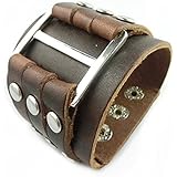 Coffee Men's Cool Wide Big Buckle Rivet Genuine Leather Cuff Wristband Bracelet Bangle