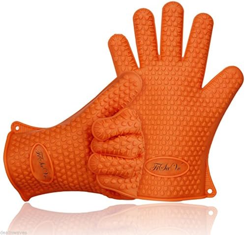 FiSaVo Silicone Gloves - Oven mitts,Silicone Kitchen Gloves, Oven mitts Protection from burns for Cooking, Baking, kithen gloves 1 pair set (Orange)