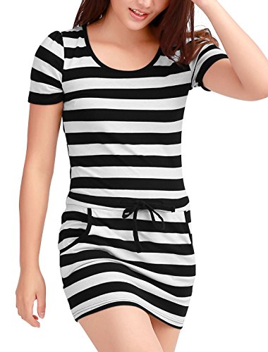 Allegra K Women Short Sleeve Stripe Drawstring Mini Tee Dresses with Pockets