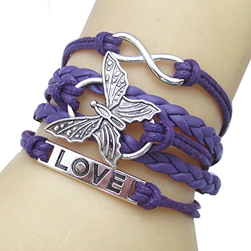JQUEEN Butterfly Love Infinity Leather Rope Vintage Silver Plated Wrap Charm Link Bracelet Bangle