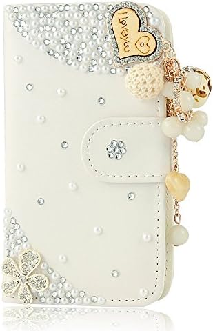 EVTECH(TM) 3D Handmade Bling Crystal LOVE Heart Pendant Sparkle Glitter Rhinestone Diamond Flowers PU Leather Wallet Type with Magnetic Clasp Credit Card Holder Design Folio Case Cover for iPhone 4 / 4S T-Mobile Sprint AT&amp;T Verizon(100% Handcrafted)