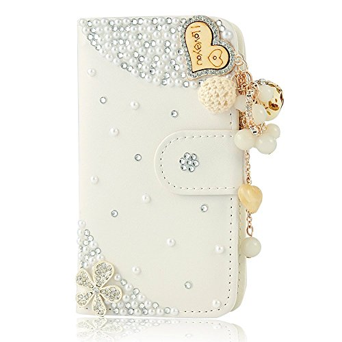 EVTECH(TM) 3D Handmade Bling Crystal LOVE Heart Pendant Sparkle Glitter Rhinestone Diamond Flowers PU Leather Wallet Type with Magnetic Clasp Credit Card Holder Design Folio Case Cover for iPhone 4 / 4S T-Mobile Sprint AT&T Verizon(100% Handcrafted)