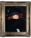 Art Reproduction Oil Painting - Klimt Paintings: Lady with Hat with Renaissance Champagne Frame - Ash Finish - 30 X 34 - Hand Painted Framed Canvas Art
