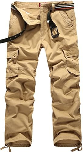 Fiream Men Casual Cotton Washable Loose Plus Size Multi-Pocket Cargo Pants(Khaki2,L/32)